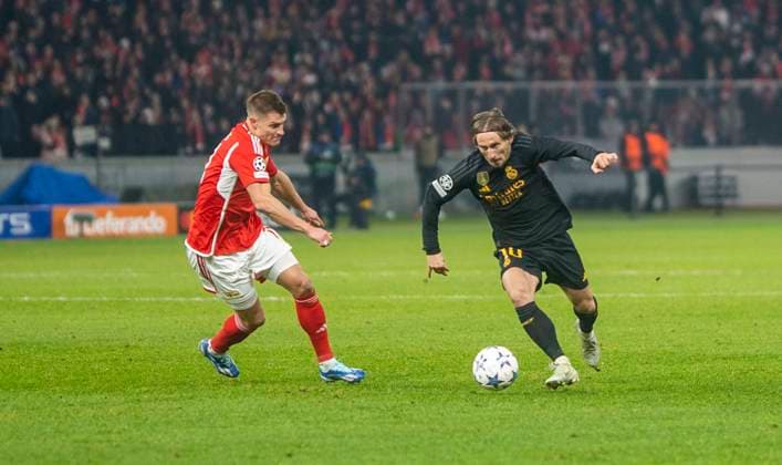 12 12 2023, Football, UEFA, Men, Champions League, Group C, Matchday 6, 1 FC Union Berlin Real Madrid 2 3 Luka Modric Real Madrid, right vs Kevin Behrens 1 FC Union Berlin, left Berlin Olympiastadion Berlin Germany