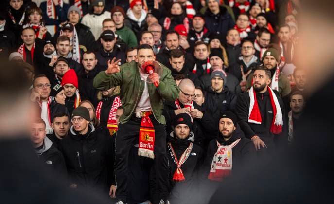 12 12 2023, Football, UEFA, Men, Champions League, Group C, Matchday 6, 1 FC Union Berlin Real Madrid 2 3 Union Berlin fans cheer on their team Berlin Olympiastadion Berlin Germany