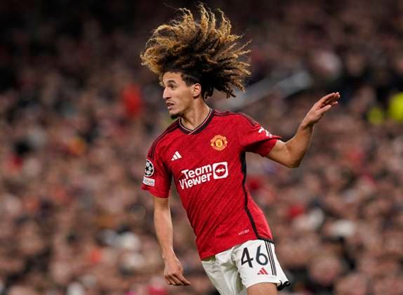 Manchester, England, 12th December 2023. Hannibal Mejbri of Manchester United, ManU during the UEFA Champions League match at Old Trafford, Manchester. Picture credit should read: Andrew Yates Sportimage EDITORIAL USE ONLY. No use with unauthorised audio, video, data, fixture lists, club league logos or live services. Online in-match use limited to 120 images, no video emulation. No use in betting, games or single club league player publications. SPI-2800-0095