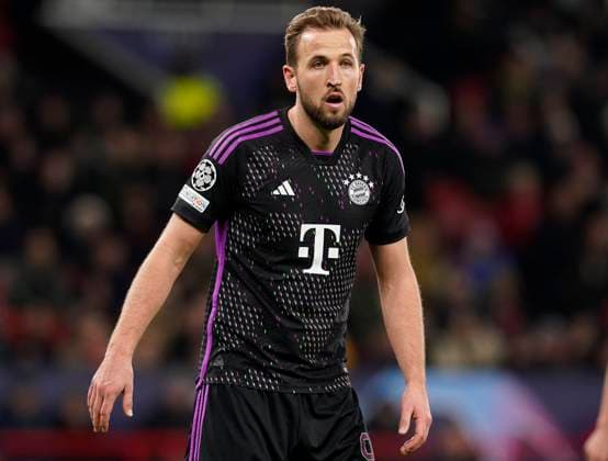 Manchester, England, 12th December 2023. Harry Kane of Bayern Munich during the UEFA Champions League match at Old Trafford, Manchester. Picture credit should read: Andrew Yates Sportimage EDITORIAL USE ONLY. No use with unauthorised audio, video, data, fixture lists, club league logos or live services. Online in-match use limited to 120 images, no video emulation. No use in betting, games or single club league player publications. SPI-2800-0118