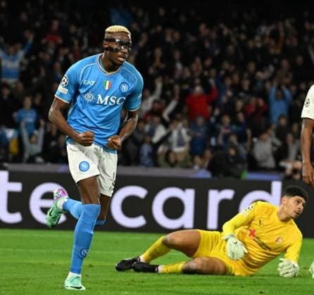 (231213) -- NAPLES, Dec. 13, 2023 -- Napoli s Victor Osimhen celebrates his goal during the UEFA Champions League Group C match between Napoli and Braga in Naples, Italy, Dec. 12, 2023. (Photo by Xinhua) (SP)ITALY-NAPLES-FOOTBALL-UEFA CHAMPIONS LEAGUE-NAPOLI VS BRAGA AlbertoxLingria 
