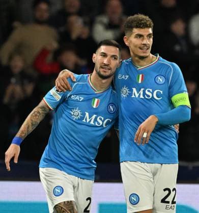 (231213) -- NAPLES, Dec. 13, 2023 -- Napoli s Matteo Politano (L) and Giovanni Di Lorenzo celebrate Braga s own goal during the UEFA Champions League Group C match between Napoli and Braga in Naples, Italy, Dec. 12, 2023. (Photo by Xinhua) (SP)ITALY-NAPLES-FOOTBALL-UEFA CHAMPIONS LEAGUE-NAPOLI VS BRAGA AlbertoxLingria 