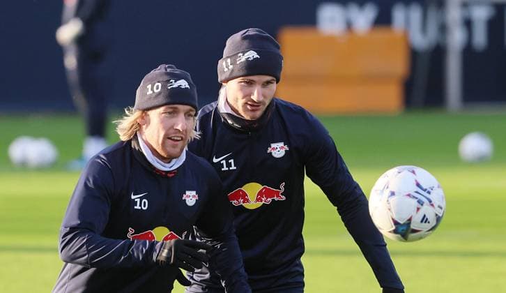 RB Leipzig training Champions League Leipzig, 12 12 2023, RB training center, UEFA Champions League , RB Leipzig final training the day before RBL v Young Boys Bern , In the picture Emil Forsberg li , 10, RB Leipzig and Timo Werner 11, RB Leipzig , Picture Point