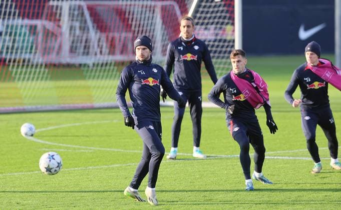 RB Leipzig training Champions League Leipzig, 12 12 2023, RB training center, UEFA Champions League , RB Leipzig final training on the eve of RBL v Young Boys Bern , In the picture from l Timo Werner 11, RB Leipzig , Yussuf Yurary Poulsen hi , RB Leipzig , Christoph Baumgartner 14, RB Leipzig and Nicolas Seiwald 13, RB Leipzig , Picture Point