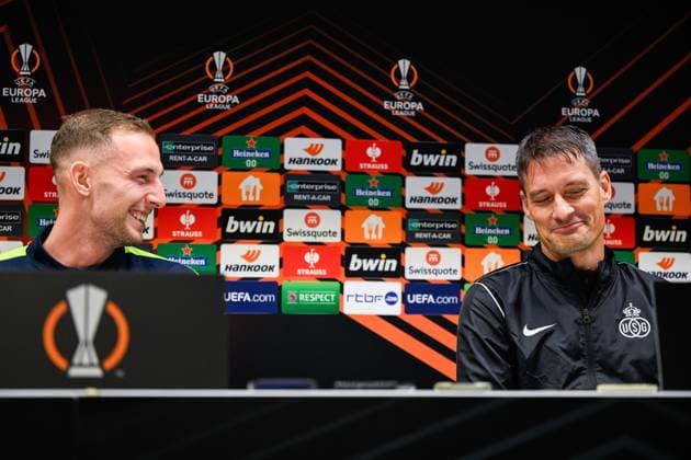 Union s Gustaf Nilsson and Union s head coach Alexander Blessin pictured during a press conference, PK, Pressekonferenz of Belgian soccer team Royale Union Saint Gilloise, on Wednesday 13 December 2023 in Brussels. The team is preparing for tomorrow s game against English club Liverpool FC, on day 6 of the group phase of the UEFA Europa League competition, in group E. LAURIExDIEFFEMBACQ  x82229275x