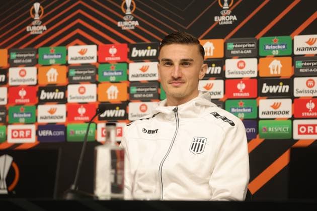 SOCCER - UEFA EL, LASK vs Toulouse LINZ,AUSTRIA,13.DEC.23 - SOCCER - UEFA Europa League, group stage, Linzer ASK vs Toulouse FC, preview, press conference, PK, Pressekonferenz LASK. Image shows Philipp Ziereis (LASK).  GEPAxpictures xManuelxBinder