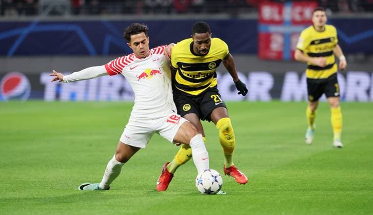 RB Leipzig Young Boys Bern Champions League Leipzig, 13 12 2023, Red Bull Arena, Champions League, Group G, Matchday 6 , RB LEIPZIG vs YOUNG BOYS BERN , Pictured from l Fabio Cavalho 18, RB Leipzig and Ulisses Garcia 21, Bern , Picture Point