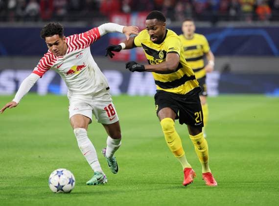 RB Leipzig Young Boys Bern Champions League Leipzig, 13 12 2023, Red Bull Arena, Champions League, Group G, Matchday 6 , RB LEIPZIG vs YOUNG BOYS BERN , Pictured from l Fabio Cavalho 18, RB Leipzig and Ulisses Garcia 21, Bern , Picture Point