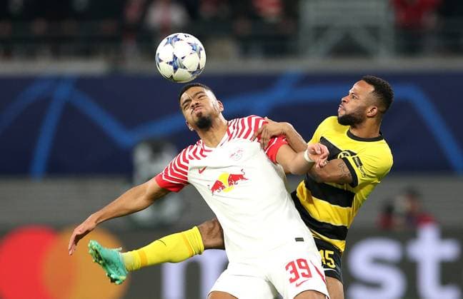 13 12 2023, Football UEFA Champions League 2023 2024, Group stage, Matchday 6, RB Leipzig BSC Young Boys Bern, at Red Bull Arena Leipzig L R Benjamin Henrichs RB Leipzig vs Meschack Elia BSC Young Boys DFL and DFB regulations prohibit any use of photographs as image sequences and or quasi video