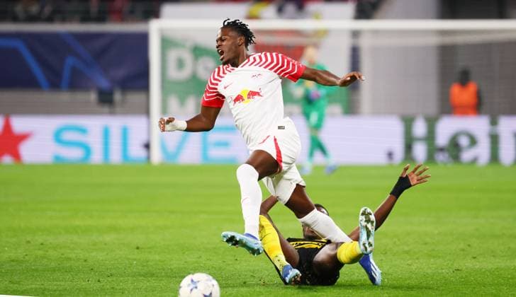 RB Leipzig Young Boys Bern Champions League Leipzig, 13 12 2023, Red Bull Arena, Football , UEFA Champions League, Group G , Matchday 6, RB Leipzig vs Young Boys Bern , Pictured from front Castello Lukeba 23, RB Leipzig Cheikh Niasse 20, Bern , Photo for editorial use only , UEFA regulations prohibit any use of photographs as image sequences and or quasi video ,