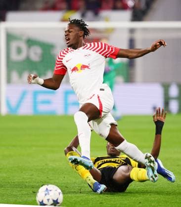 RB Leipzig Young Boys Bern Champions League Leipzig, 13 12 2023, Red Bull Arena, Football , UEFA Champions League, Group G , Matchday 6, RB Leipzig vs Young Boys Bern , Pictured from front Castello Lukeba 23, RB Leipzig Cheikh Niasse 20, Bern , Photo for editorial use only , UEFA regulations prohibit any use of photographs as image sequences and or quasi video ,