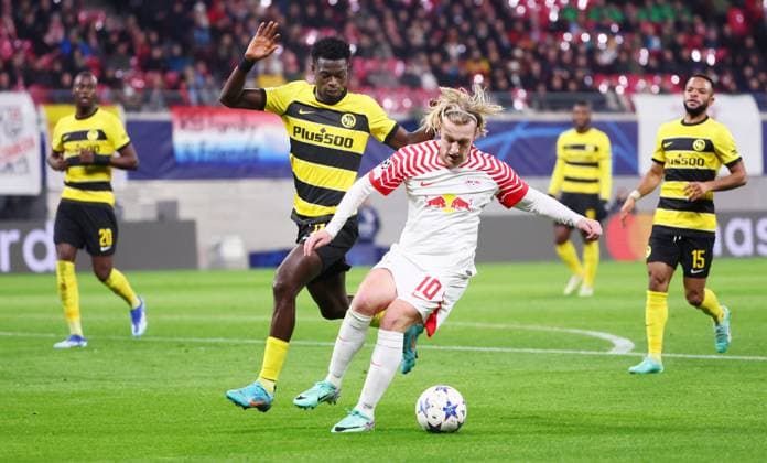 RB Leipzig Young Boys Bern Champions League Leipzig, 13 12 2023, Red Bull Arena, Football , UEFA Champions League, Group G , Matchday 6, RB Leipzig vs Young Boys Bern , Pictured from front Emil Forsberg 10, RB Leipzig , Ebrima Colley 11, Bern , Photo for editorial use only , UEFA regulations prohibit any use of photographs as image sequences and or quasi video ,
