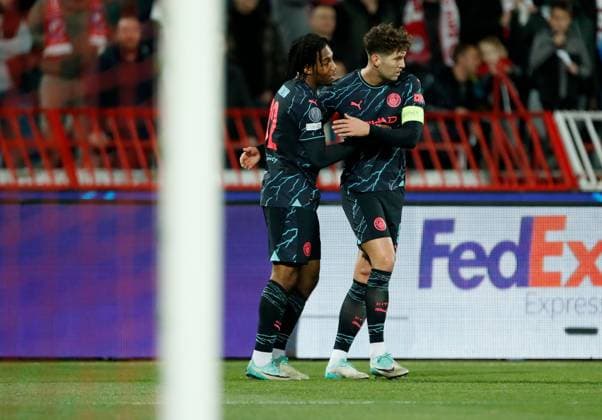 Micah Hamilton of Manchester City celebrates scoring a goal to make it 0-1 with their team mates Crvena zvezda v Manchester City, UEFA Champions League, Group G, Football, Rajko Mitic Stadium, Belgrade, Serbia - 13 Dec 2023 EDITORIAL USE ONLY No use with unauthorised audio, video, data, fixture lists, club league logos or live services. Online in-match use limited to 120 images, no video emulation. No use in betting, games or single club league player publications. Copyright: xNikolaxKrstic Shutterstockx 14254230at