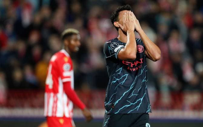 Matheus Nunes of Manchester City reacts Crvena zvezda v Manchester City, UEFA Champions League, Group G, Football, Rajko Mitic Stadium, Belgrade, Serbia - 13 Dec 2023 EDITORIAL USE ONLY No use with unauthorised audio, video, data, fixture lists, club league logos or live services. Online in-match use limited to 120 images, no video emulation. No use in betting, games or single club league player publications. Copyright: xNikolaxKrstic Shutterstockx 14254230bd