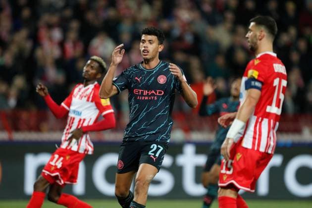 Matheus Nunes of Manchester City reacts Crvena zvezda v Manchester City, UEFA Champions League, Group G, Football, Rajko Mitic Stadium, Belgrade, Serbia - 13 Dec 2023 EDITORIAL USE ONLY No use with unauthorised audio, video, data, fixture lists, club league logos or live services. Online in-match use limited to 120 images, no video emulation. No use in betting, games or single club league player publications. Copyright: xNikolaxKrstic Shutterstockx 14254230bb