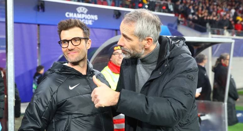 RB Leipzig Young Boys Bern Champions League Leipzig, 13 12 2023, Red Bull Arena, Champions League, Group G, Matchday 6 , RB LEIPZIG vs YOUNG BOYS BERN , In the picture from left coach Raphael Wicky, Young Boys Bern and coach Marco Rose RB Leipzig , Picture Point