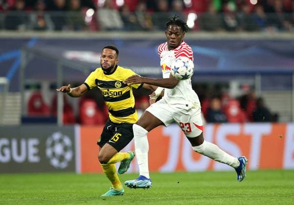13 12 2023, Football UEFA Champions League 2023 2024, Group stage, Matchday 6, RB Leipzig BSC Young Boys Bern, at Red Bull Arena Leipzig L R Meschack Elia BSC Young Boys v Castello Lukeba RB Leipzig DFL and DFB regulations prohibit any use of photographs as image sequences and or quasi video