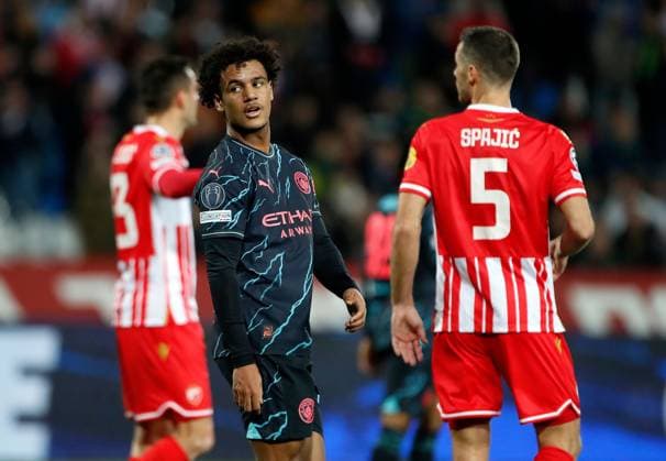 Oscar Bobb of Manchester City looks on Crvena zvezda v Manchester City, UEFA Champions League, Group G, Football, Rajko Mitic Stadium, Belgrade, Serbia - 13 Dec 2023 EDITORIAL USE ONLY No use with unauthorised audio, video, data, fixture lists, club league logos or live services. Online in-match use limited to 120 images, no video emulation. No use in betting, games or single club league player publications. Copyright: xNikolaxKrstic Shutterstockx 14254230bg