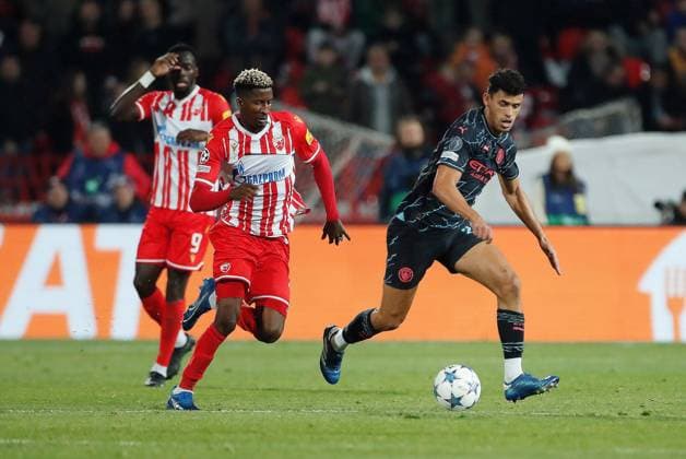Matheus Nunes of Manchester City on the ball Crvena zvezda v Manchester City, UEFA Champions League, Group G, Football, Rajko Mitic Stadium, Belgrade, Serbia - 13 Dec 2023 EDITORIAL USE ONLY No use with unauthorised audio, video, data, fixture lists, club league logos or live services. Online in-match use limited to 120 images, no video emulation. No use in betting, games or single club league player publications. Copyright: xNikolaxKrstic Shutterstockx 14254230bi
