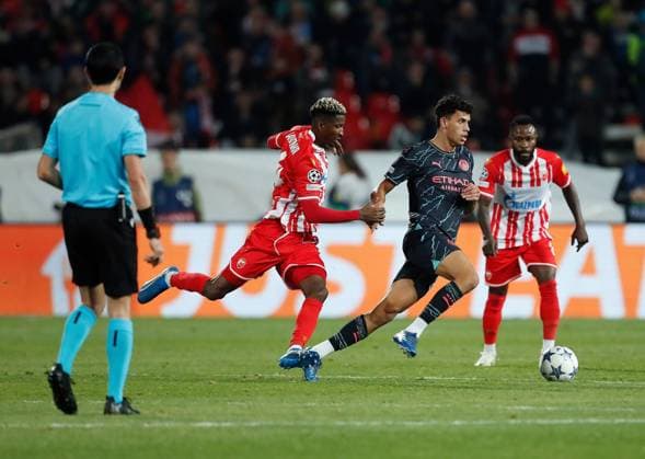 Matheus Nunes of Manchester City on the ball Crvena zvezda v Manchester City, UEFA Champions League, Group G, Football, Rajko Mitic Stadium, Belgrade, Serbia - 13 Dec 2023 EDITORIAL USE ONLY No use with unauthorised audio, video, data, fixture lists, club league logos or live services. Online in-match use limited to 120 images, no video emulation. No use in betting, games or single club league player publications. Copyright: xNikolaxKrstic Shutterstockx 14254230bj
