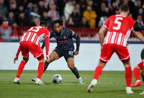 Micah Hamilton of Manchester City on the ball Crvena zvezda v Manchester City, UEFA Champions League, Group G, Football, Rajko Mitic Stadium, Belgrade, Serbia - 13 Dec 2023 EDITORIAL USE ONLY No use with unauthorised audio, video, data, fixture lists, club league logos or live services. Online in-match use limited to 120 images, no video emulation. No use in betting, games or single club league player publications. Copyright: xNikolaxKrstic Shutterstockx 14254230bm
