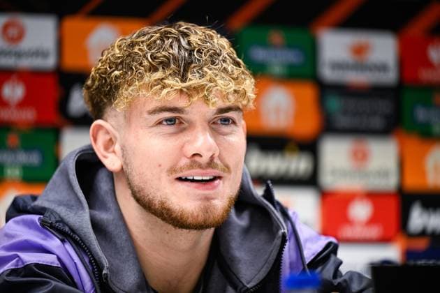 Liverpool s Harvey Elliott pictured during a press conference, PK, Pressekonferenz of English club Liverpool FC, on Wednesday 13 December 2023 in Brussels. The team is preparing for tomorrow s game against Belgian soccer team Royale Union Saint Gilloise, on day 6 of the group phase of the UEFA Europa League competition, in group E. LAURIExDIEFFEMBACQ  x82269258x
