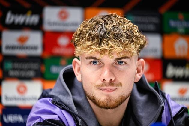 Liverpool s Harvey Elliott pictured during a press conference, PK, Pressekonferenz of English club Liverpool FC, on Wednesday 13 December 2023 in Brussels. The team is preparing for tomorrow s game against Belgian soccer team Royale Union Saint Gilloise, on day 6 of the group phase of the UEFA Europa League competition, in group E. LAURIExDIEFFEMBACQ  x82269373x