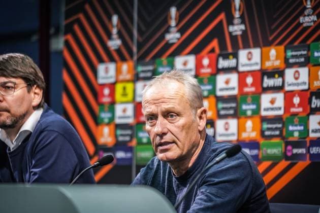 Press conference SC Freiburg at West Ham United Press conference of SC Freiburg with coach Christian Streich and Freiburgs Michael Gregoritsch before the Europa League match against West Ham United at the Olympia Stadium London