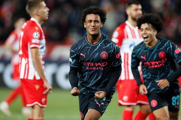 Oscar Bobb of Manchester City celebrates scoring a goal to make it 0-2 Crvena zvezda v Manchester City, UEFA Champions League, Group G, Football, Rajko Mitic Stadium, Belgrade, Serbia - 13 Dec 2023 EDITORIAL USE ONLY No use with unauthorised audio, video, data, fixture lists, club league logos or live services. Online in-match use limited to 120 images, no video emulation. No use in betting, games or single club league player publications. Copyright: xNikolaxKrstic Shutterstockx 14254230bz