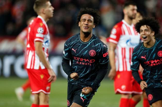 Oscar Bobb of Manchester City celebrates scoring a goal to make it 0-2 Crvena zvezda v Manchester City, UEFA Champions League, Group G, Football, Rajko Mitic Stadium, Belgrade, Serbia - 13 Dec 2023 EDITORIAL USE ONLY No use with unauthorised audio, video, data, fixture lists, club league logos or live services. Online in-match use limited to 120 images, no video emulation. No use in betting, games or single club league player publications. Copyright: xNikolaxKrstic Shutterstockx 14254230cf