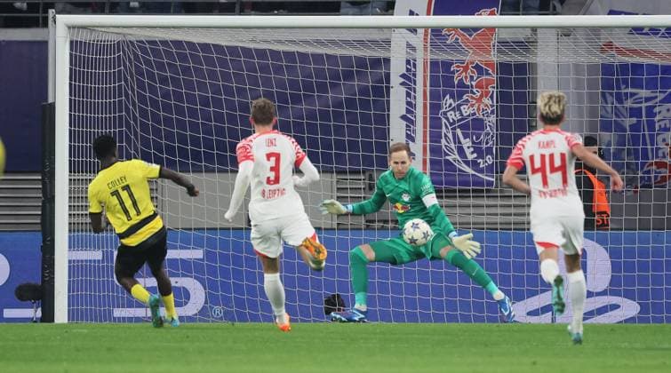 RB Leipzig Young Boys Bern Champions League Leipzig, 13 12 2023, Red Bull Arena, Champions League, Group G, Matchday 6 , RB LEIPZIG vs YOUNG BOYS BERN , Goal for Bern to equalize at 1 1 In the picture from l goalscorer Ebrima Colley 11, Bern , Christopher Lenz 3, RB Leipzig and goalkeeper Peter Gulacsi 1, RB Leipzig 2 , Picture Point