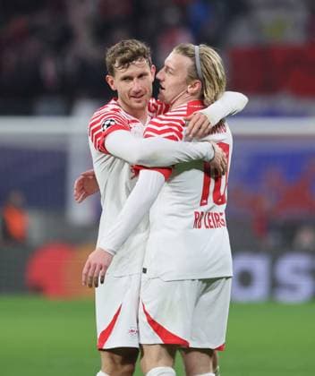 RB Leipzig Young Boys Bern Champions League Leipzig, 13 12 2023, Red Bull Arena, Champions League, Group G, Matchday 6 , RB LEIPZIG vs YOUNG BOYS BERN , Goal for Leipzig to 2 1 In the picture Christopher Lenz 3, RB Leipzig and scorer Emil Forsberg 10, RB Leipzig , Goal celebration , Picture Point
