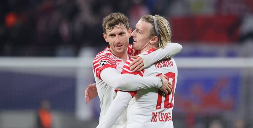 RB Leipzig Young Boys Bern Champions League Leipzig, 13 12 2023, Red Bull Arena, Champions League, Group G, Matchday 6 , RB LEIPZIG vs YOUNG BOYS BERN , Goal for Leipzig to 2 1 In the picture Christopher Lenz 3, RB Leipzig and scorer Emil Forsberg 10, RB Leipzig , Goal celebration , Picture Point