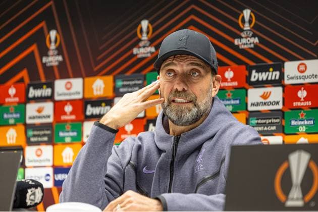 Football - UEFA Europa League - Group E - Royale Union Saint-Gilloise v Liverpool FC - MD-1 BRUSSELS, BELGIUM - Wednesday, December 13, 2023: Liverpool s manager Jürgen Klopp during a press conference, PK, Pressekonferenz at the Constant Vanden Stock Stadium ahead of the UEFA Europa League Group E matchday 6 game between Royale Union Saint-Gilloise and Liverpool FC. (Photo by David Rawcliffe Propaganda) BRUSSELS Constant Vanden Stock Stadium BRUSSELS-CAPITOL-REGION BELGIUM  Copyright: xDavidxRawcliffex P2023-12-13-Union_SG_Liverpool_MD-1-37