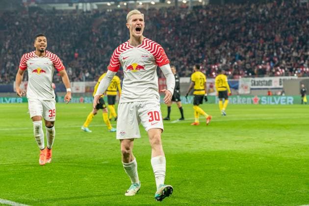 Leipzig, Germany 13 December 2023 Champions League 2023 2024 RB Leipzig vs Young Boys Bern In the picture Benjamin Sesko Leipzig 2 v li cheers after his goal for 1 0 Copyright: xFotostandx xNachtigallx
