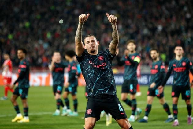 Kalvin Phillips of Manchester City celebrates scoring a goal to make it 2-3 Crvena zvezda v Manchester City, UEFA Champions League, Group G, Football, Rajko Mitic Stadium, Belgrade, Serbia - 13 Dec 2023 EDITORIAL USE ONLY No use with unauthorised audio, video, data, fixture lists, club league logos or live services. Online in-match use limited to 120 images, no video emulation. No use in betting, games or single club league player publications. Copyright: xNikolaxKrstic Shutterstockx 14254230cz