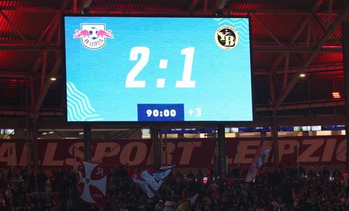 RB Leipzig Young Boys Bern Champions League Leipzig, 13 12 2023, Red Bull Arena, Football , UEFA Champions League, Group G , Matchday 6, RB Leipzig vs Young Boys Bern , In the picture The final score of the match on the scoreboard , Photo for editorial use only , UEFA regulations prohibit any use of photographs as image sequences and or quasi video ,