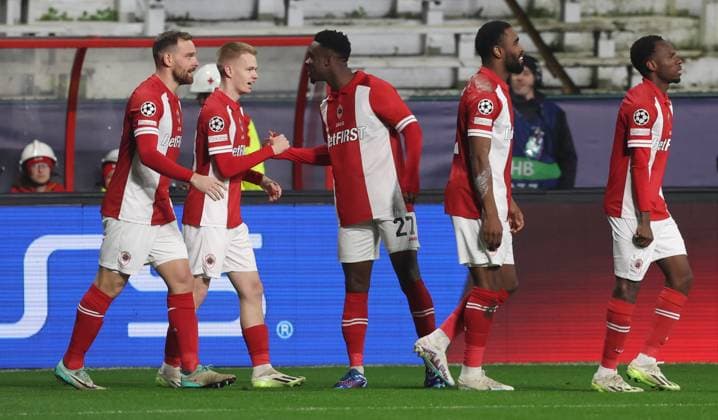 Antwerp s Arthur Vermeeren celebrates after scoring during a game between Belgian soccer team Royal Antwerp FC and Spanish club FC Barcelona, Barca in Antwerp, on Wednesday 13 December 2023, day six of the Champions League group stage, in group H. VIRGINIExLEFOUR  x82273328x