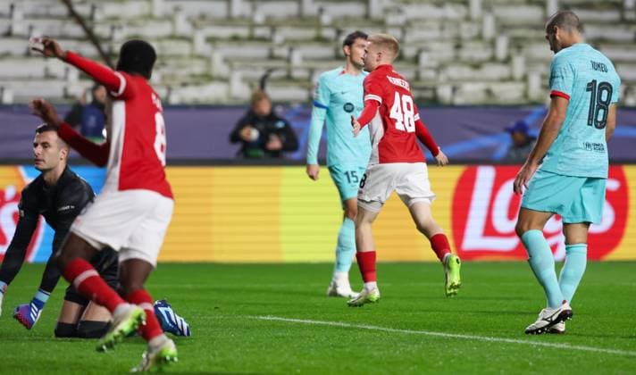 Antwerp s Arthur Vermeeren celebrates after scoring during a game between Belgian soccer team Royal Antwerp FC and Spanish club FC Barcelona, Barca in Antwerp, on Wednesday 13 December 2023, day six of the Champions League group stage, in group H. VIRGINIExLEFOUR  x82273457x