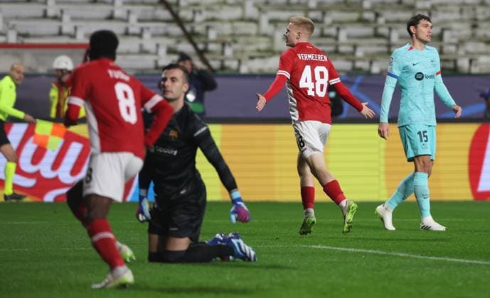 Antwerp s Arthur Vermeeren celebrates after scoring during a game between Belgian soccer team Royal Antwerp FC and Spanish club FC Barcelona, Barca in Antwerp, on Wednesday 13 December 2023, day six of the Champions League group stage, in group H. VIRGINIExLEFOUR  x82273464x
