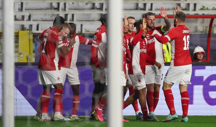 Antwerp s Arthur Vermeeren celebrates after scoring during a game between Belgian soccer team Royal Antwerp FC and Spanish club FC Barcelona, Barca in Antwerp, on Wednesday 13 December 2023, day six of the Champions League group stage, in group H. VIRGINIExLEFOUR  x82273470x