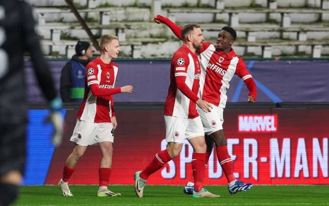 Antwerp s Arthur Vermeeren celebrates after scoring during a game between Belgian soccer team Royal Antwerp FC and Spanish club FC Barcelona, Barca in Antwerp, on Wednesday 13 December 2023, day six of the Champions League group stage, in group H. VIRGINIExLEFOUR  x82274731x