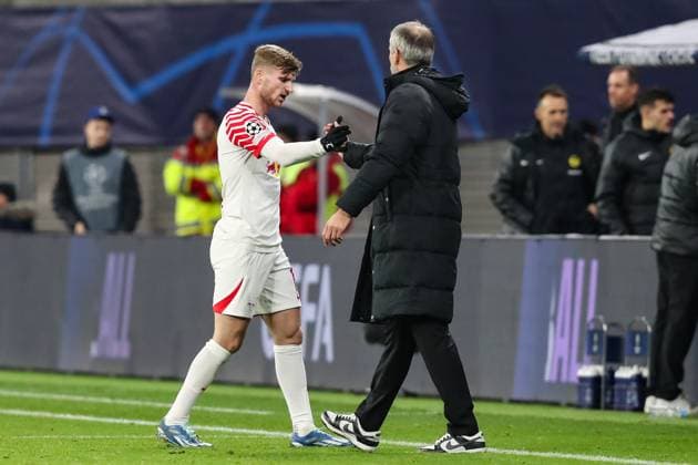 Timo Werner RB Leipzig,11 with coach Marco Rose RB Leipzig Champions League Season 2023 2024 Group G RB Leipzig vs BSC Young Boys Bern at the Red Bull Arena in Leipzig Football,Germany,Man,Men,13 12 2023