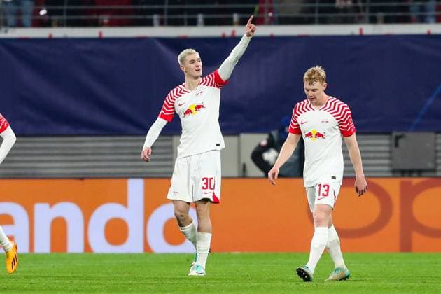 Goalscorer Benjamin Sesko RB Leipzig,30 scores for 1 0 Champions League season 2023 2024 Group G RB Leipzig vs BSC Young Boys Bern at the Red Bull Arena in Leipzig Action,Football,Germany,Man,Men,13 12 2023