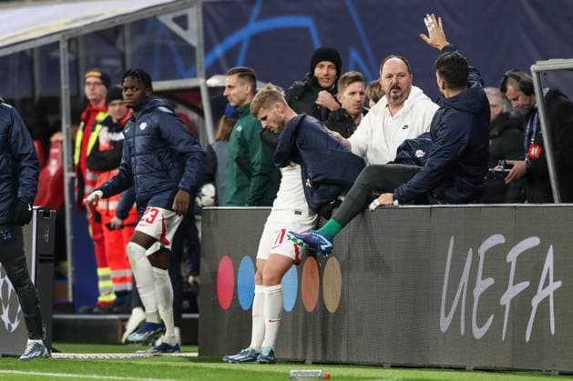 Timo Werner RB Leipzig,11 stands on the sidelines after the end of the match Champions League season 2023 2024 Group G RB Leipzig vs BSC Young Boys Bern at the Red Bull Arena in Leipzig Action,Football,Germany,Man,Men,13 12 2023