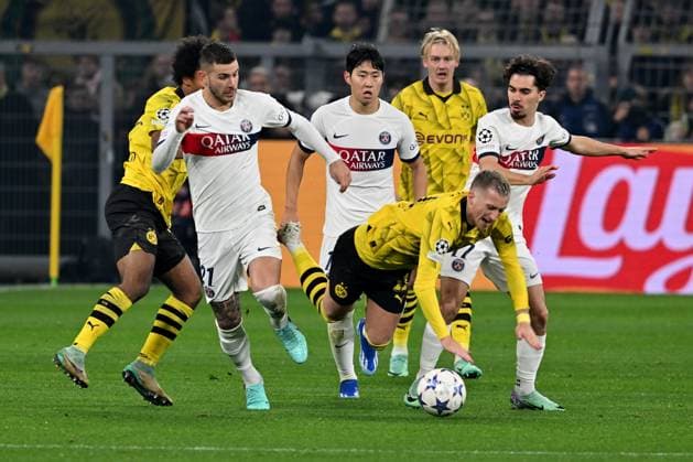 13 12 2023, xsltx, Football UEFA Champions League, Borussia Dortmund Paris St Germain PSG emspor, v l Lucas Hernandez FC Paris Saint Germain Kang in Lee FC Paris Saint Germain Marco Reus Borussia Dortmund Vitinha FC Paris Saint Germain Zweikampf, Aktion, action, battle for the ball DFL DFB REGULATIONS PROHIBIT ANY USE OF PHOTOGRAPHS as IMAGE SEQUENCES and or QUASI VIDEO Dortmund