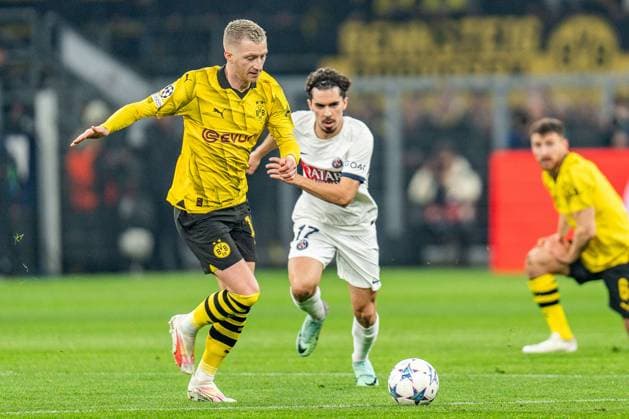 Marco Reus Borussia Dortmund, 11 Vitinha Paris Saint Germain, 17 Borussia Dortmund vs Paris Saint Germain, Football, UEFA Champions League, Matchday 6, 13 12 2023 DFL REGULATIONS PROHIBIT ANY OUSE OF PHOTOGRAPHS AS IMAGE SEQUENCES AND OR QUASI VIDEO Borussia Dortmund vs Paris Saint Germain, Football, UEFA Champions League, Matchday 6, 13 12 2023 Dortmund Copyright: xEibner-Pressefoto BahhoxKarax EP_BVB