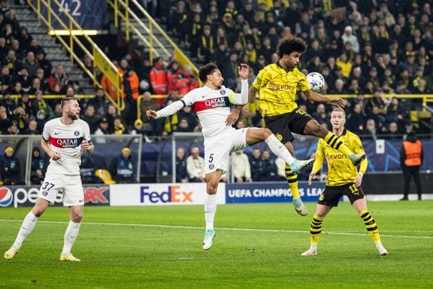 UEFA Champions League Borussia Dortmund FC Paris Saint Germain 13 12 2023 Header duel Marquinhos FC Paris Saint Germain, 5 , Karim Adeyemi Borussia Dortmund, 27 UEFA Champions League Matchday 6 Borussia Dortmund FC Paris Saint Germain, Dortmund, SIGNAL IDUNA PARK on 13 12 2023 DFL REGULATIONS PROHIBIT ANY USE OF PHOTOGRAPHS AS IMAGE SEQUENCES AND OR QUASI VIDEO Copyright: xBEAUTIFULxSPORTS Wunderlx