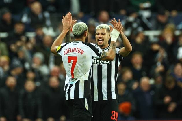 UEFA Champions League Newcastle United v AC Milan Joelinton 7 of Newcastle United celebrates his goal to make it 1-0 during the UEFA Champions League match Newcastle United vs AC Milan at St. James s Park, Newcastle, United Kingdom, 13th December 2023 (Photo by Mark Cosgrove News Images) Newcastle St. James s Park Tyne and Wear United Kingdom Copyright: xMarkxCosgrove NewsxImagesx
