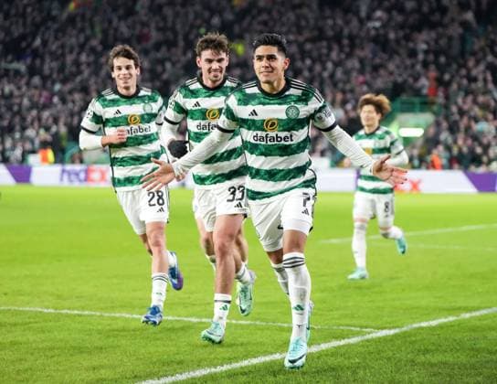 Luis Palma of Celtic celebrates with Matt O Riley of Celtic after scoring from the penalty spot to give Celtic a 1-0 lead. Celtic v Feyenoord, UEFA Champions League, Group E, Football, Celtic Park, Glasgow, UK - 13 Dec 2023 EDITORIAL USE ONLY No use with unauthorised audio, video, data, fixture lists, club league logos or live services. Online in-match use limited to 120 images, no video emulation. No use in betting, games or single club league player publications. Copyright: xStuartxWallace Shutterstockx 14254242i